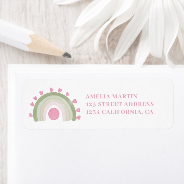 Pink green boho rainbow sunshine baby shower label (Insitu)