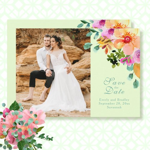 Pink Green Bold Floral QR Code Save the Date  Invitation