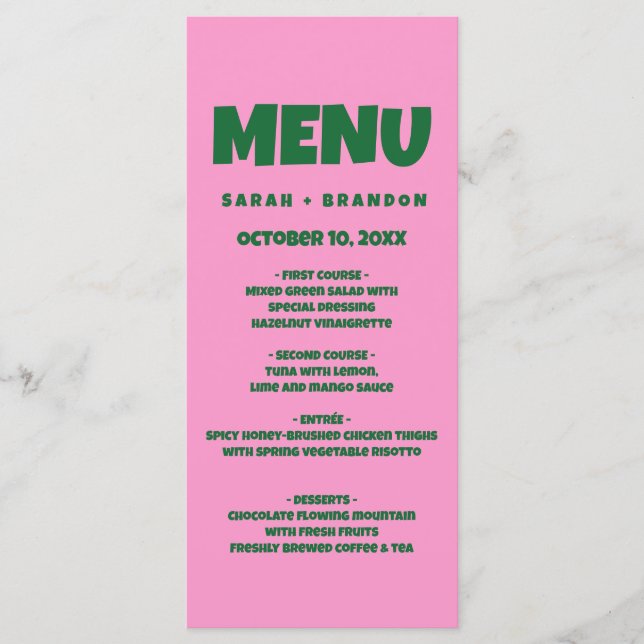 Pink Green  Bold  Retro Wedding Menu (Front)
