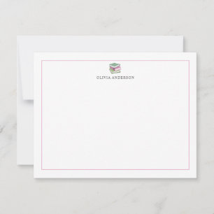 Pink Green Books Border Personalized Stationery Note Card