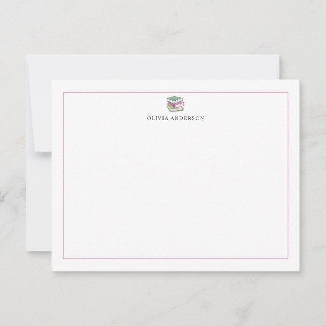 Pink Green Books Border Personalized Stationery Note Card (Front)
