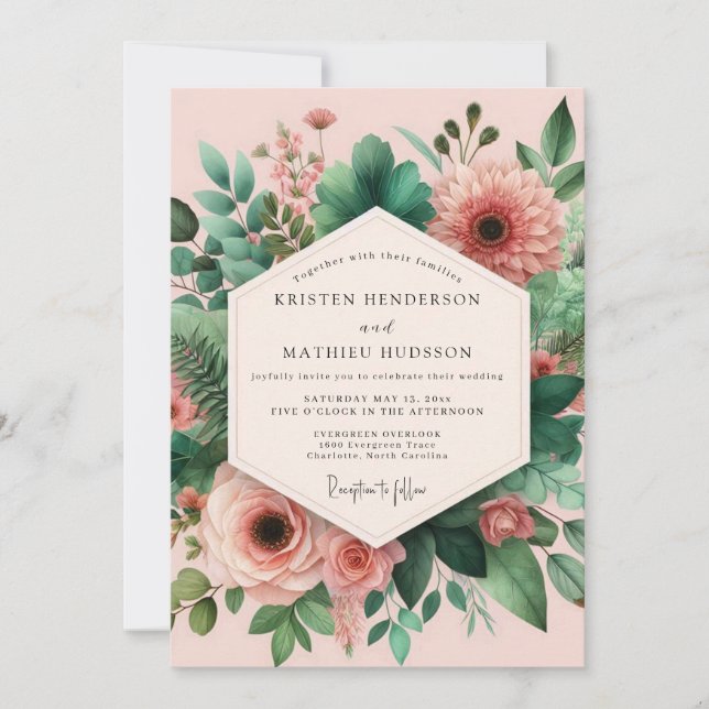 Pink Green Botanical Assemblage Wedding Invitation (Front)
