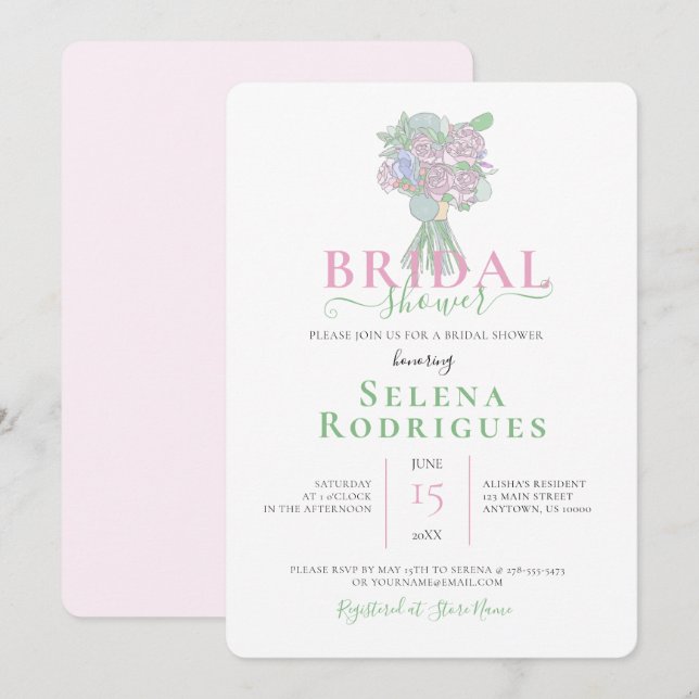 Pink & Green Bouquet Illustration Bridal Shower Invitation (Front/Back)