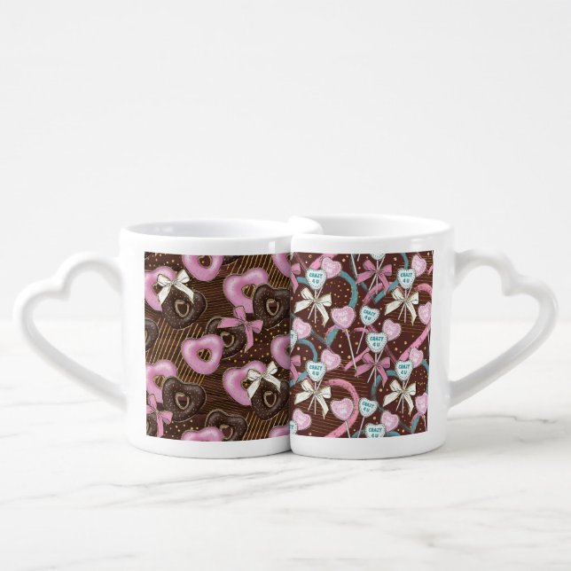PINK GREEN BROWN DONUTS & CANDIES COFFEE MUG SET (Front Nesting)