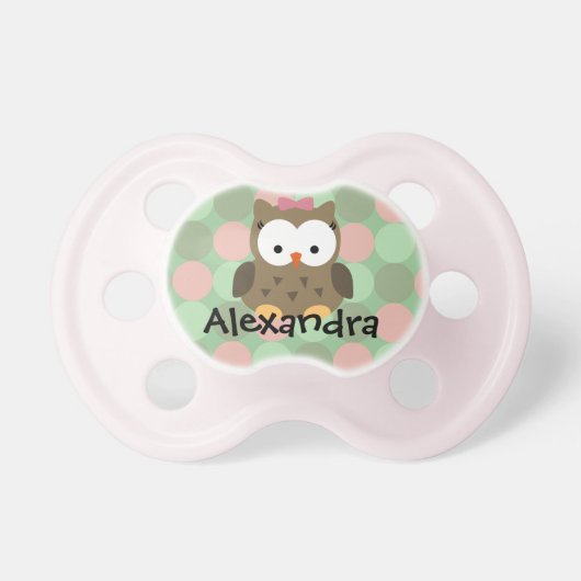 Pink/Green/Brown Owl, Personalized Girls Pacifier (Front)