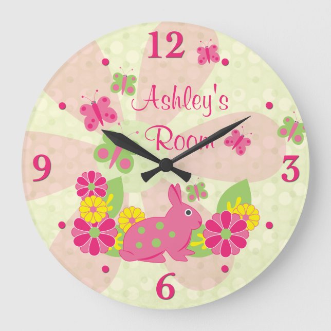 Pink Green Bunny Rabbit Butterflies Flowers Large Clock (Front)