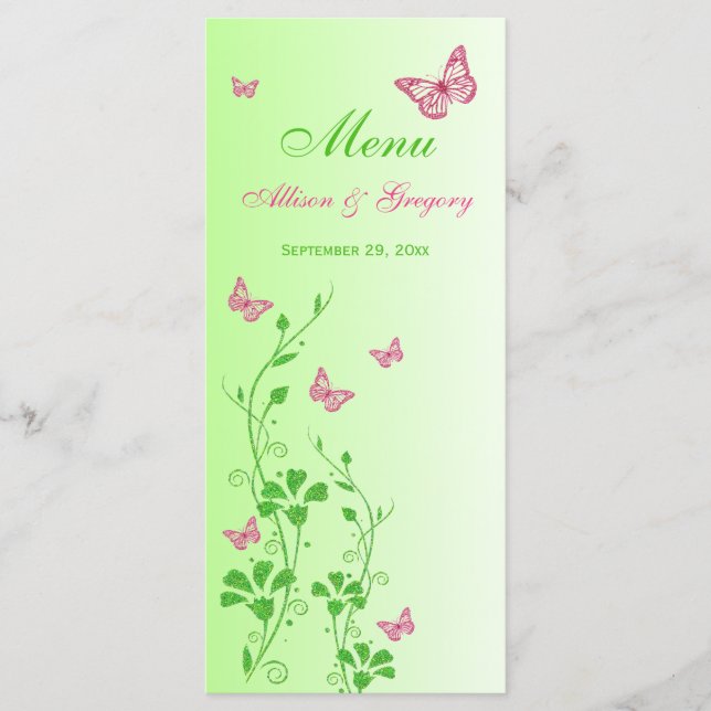 Pink Green Butterfly Floral Menu Card (Front)