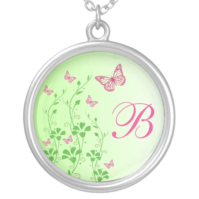 Pink Green Butterfly Floral Monogram Necklace (Front)
