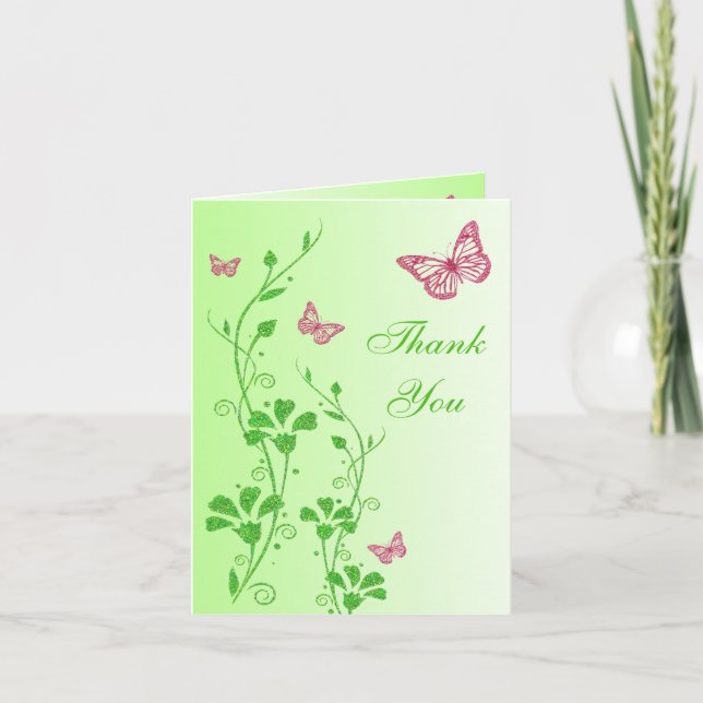 Pink Green Butterfly Floral Thank You Note Card (Front)