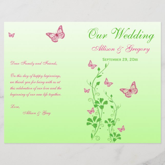Pink, Green Butterfly Floral Wedding Program (Front)