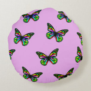 Pink & Green Butterfly Print Round Throw Pillow