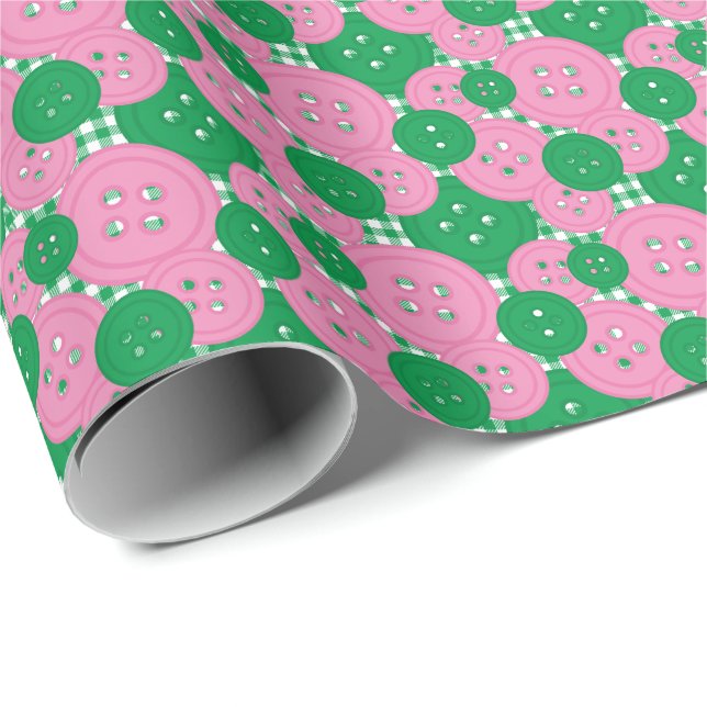 Pink & Green Buttons Gingham - Craft & Sewing Room Wrapping Paper (Roll Corner)