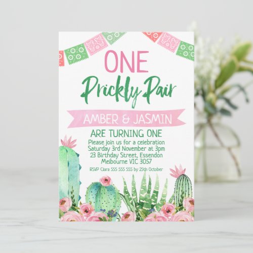 Pink Green Cactus One Prickly Pair Birthday Invitation