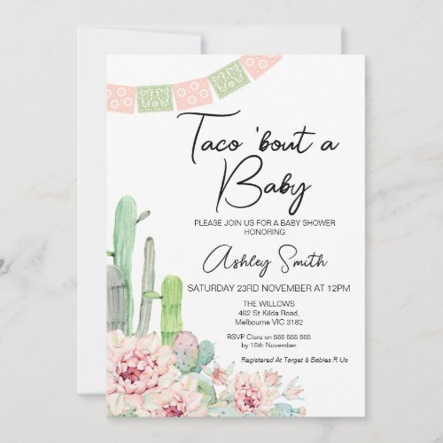 Pink Green Cactus Taco bout a Baby Baby Shower Invitation