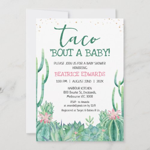 Pink Green Cactus Taco Bout A Baby Baby Shower Invitation
