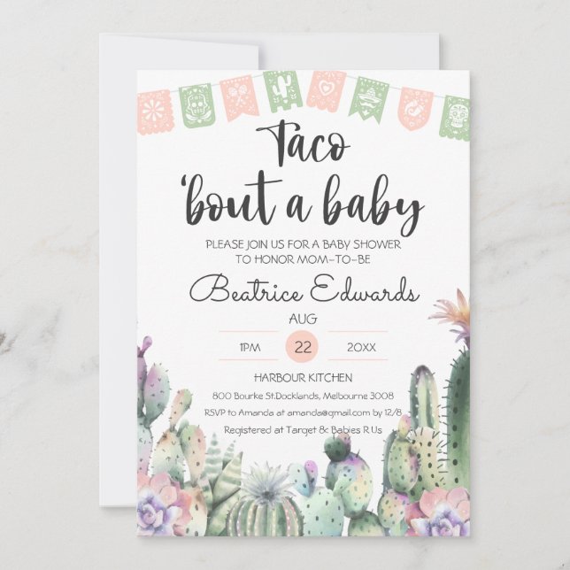 Pink Green Cactus Taco Bout A Baby Shower RSVP Invitation (Front)