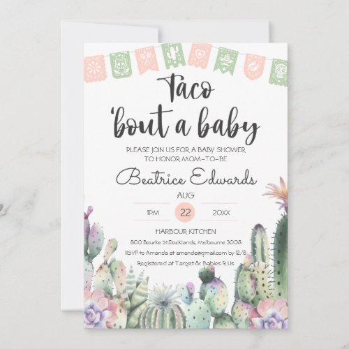 Pink Green Cactus Taco Bout A Baby Shower RSVP Invitation