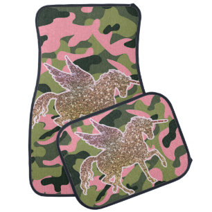 Pink Green Camo Camouflage & Gold Glitter Unicorn Car Floor Mat