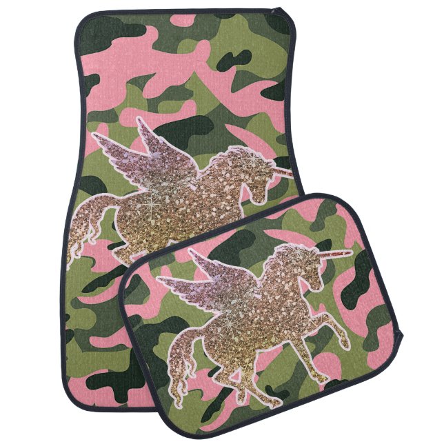 Pink Green Camo Camouflage & Gold Glitter Unicorn Car Floor Mat (Set)