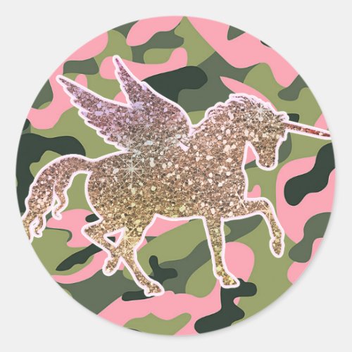Pink Green Camo Camouflage  Gold Glitter Unicorn Classic Round Sticker