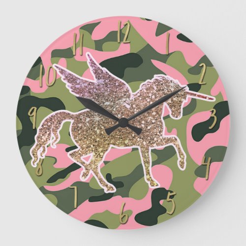 Pink Green Camo Camouflage  Gold Glitter Unicorn Large Clock