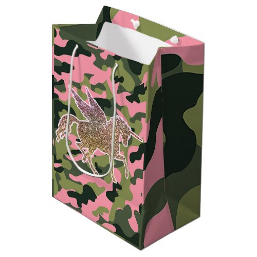 Pink Green Camo Camouflage  Gold Glitter Unicorn Medium Gift Bag