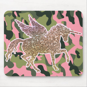Pink Green Camo Camouflage & Gold Glitter Unicorn Mouse Pad