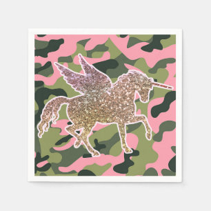 Pink Green Camo Camouflage & Gold Glitter Unicorn Napkins