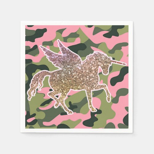 Pink Green Camo Camouflage  Gold Glitter Unicorn Napkins