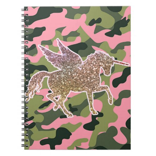 Pink Green Camo Camouflage  Gold Glitter Unicorn Notebook
