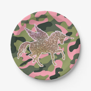 Pink Green Camo Camouflage & Gold Glitter Unicorn Paper Plates
