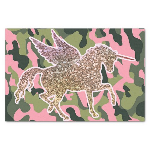 Pink Green Camo Camouflage  Gold Glitter Unicorn Tissue Paper