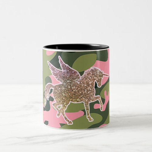 Pink Green Camo Camouflage  Gold Glitter Unicorn Two_Tone Coffee Mug