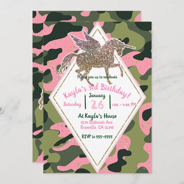 Pink Green Camo Camouflage & Gold Unicorn Party Invitation (Front/Back)
