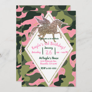 Pink Green Camo Camouflage & Gold Unicorn Party Invitation
