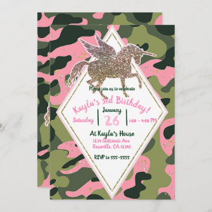 Pink Green Camo Camouflage & Gold Unicorn Party Invitation