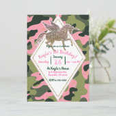 Pink Green Camo Camouflage & Gold Unicorn Party Invitation (Standing Front)