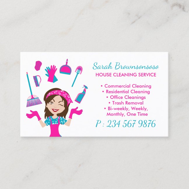 Pink Green Cartoon House Cleaning Service Business Card
