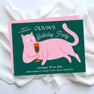 Pink green cat funny birthday invitation