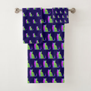 Pink Green Cat Repeat Bath Towel Set