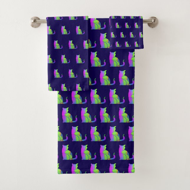 Pink Green Cat Repeat Bath Towel Set (Insitu)