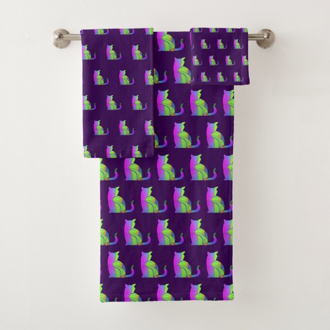 Pink Green Cat Repeat Purple Bath Towel Set (Insitu)