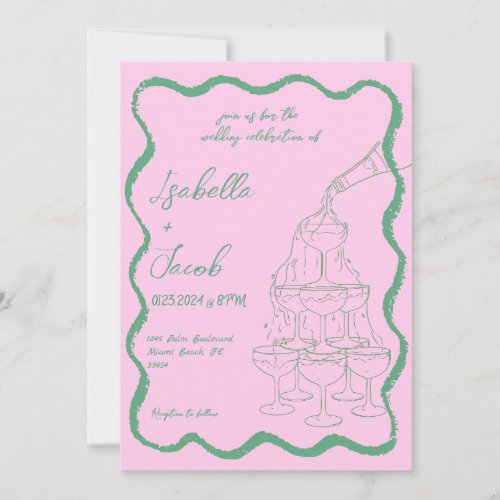 Pink Green Champagne Tower Wavy Retro Wedding Invitation