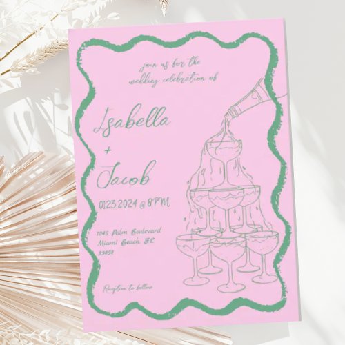 Pink Green Champagne Tower Wavy Retro Wedding Invitation