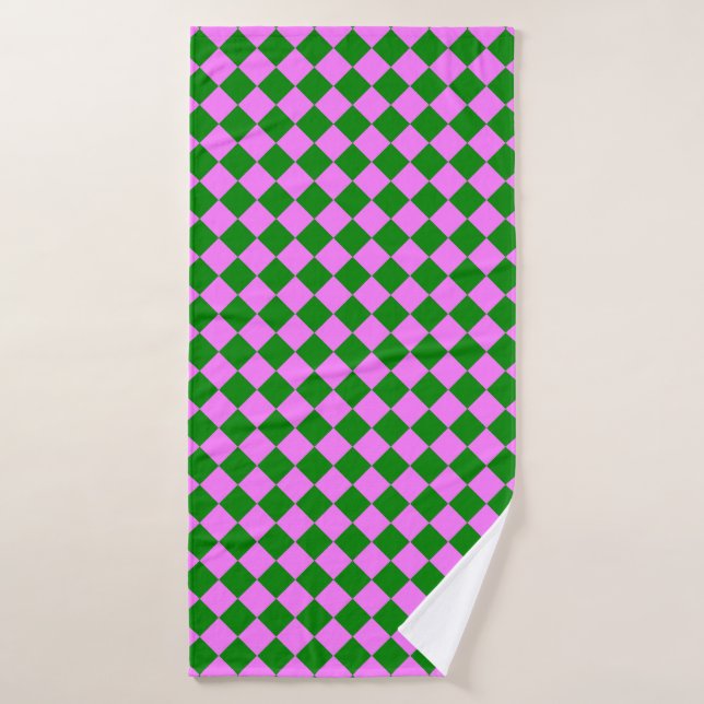 Pink Green Checker Diamond Pattern Bath Towel (Bath Towel)