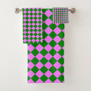 Pink Green Checker Diamond Pattern Bath Towel Set
