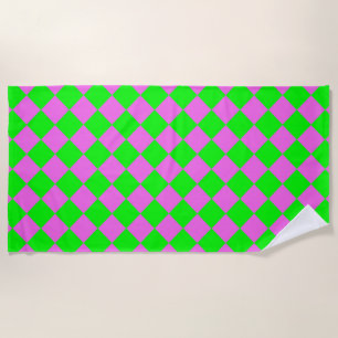 Pink Green Checker Diamond Pattern Beach Towel