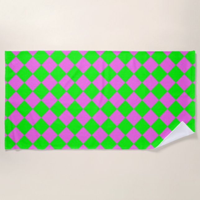 Pink Green Checker Diamond Pattern  Beach Towel (Front)