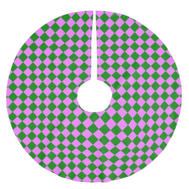 Pink Green Checker Diamond Pattern Brushed Polyester Tree Skirt (Front)
