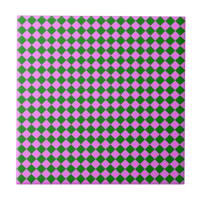 Pink Green Checker Diamond Pattern Ceramic Tile (Front)
